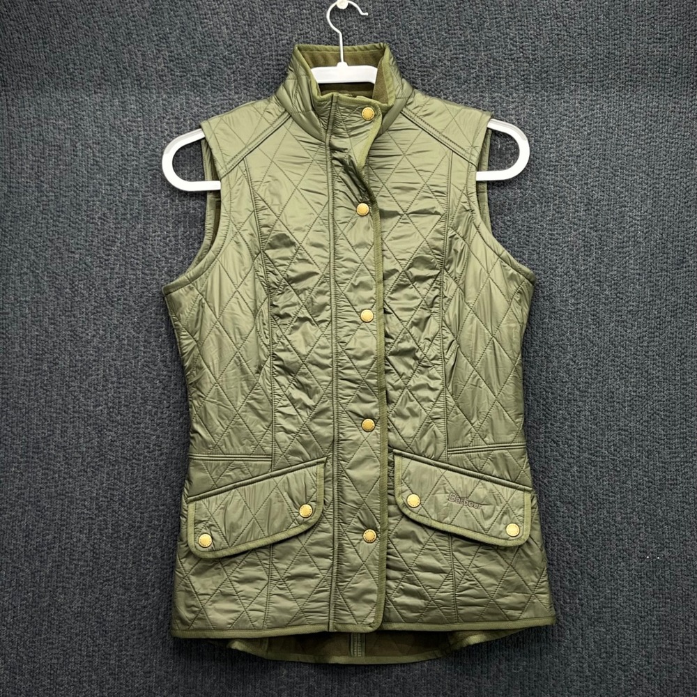 Barbour Cavalry Gilet Quilted Fleece Lined Vest Olive Green US 6 UK 10 LQU0087